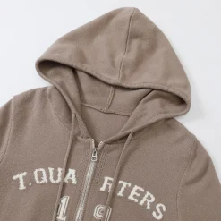 Three Quarters Letter Embroidery Hooded Jacket Brown