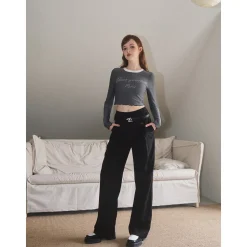 Three Quarters Logo Double Waist Straight-Leg Pants
