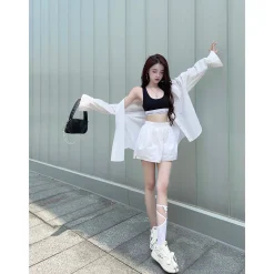 Three Quarters Logo Embroidery Shorts White