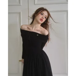 Three Quarters Logo Strap Off-Shoulder Stitched Dress