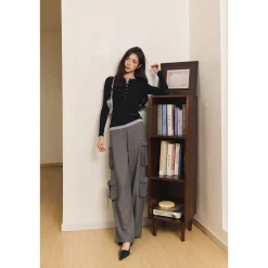 Three Quarters Loose Wide-Leg Cargo Pants Gray