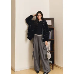 Three Quarters Loose Wide-Leg Cargo Pants Gray