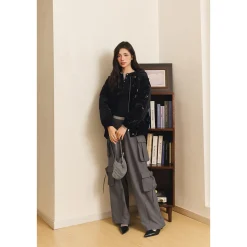 Three Quarters Loose Wide-Leg Cargo Pants Gray
