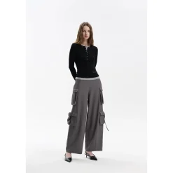 Three Quarters Loose Wide-Leg Cargo Pants Gray