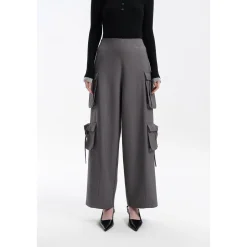 Three Quarters Loose Wide-Leg Cargo Pants Gray
