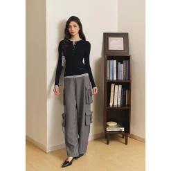 Three Quarters Loose Wide-Leg Cargo Pants Gray