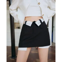 Three Quarters Low Waist Turn Over Edge Skirt Black