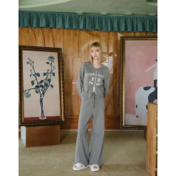 Three Quarters Oversized Straight-Leg Knit Pants Grey