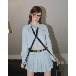 Three Quarters Pleated Denim Skirt Blue
