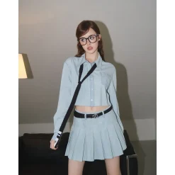 Three Quarters Pleated Denim Skirt Blue