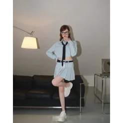 Three Quarters Pleated Denim Skirt Blue