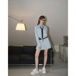 Three Quarters Pleated Denim Skirt Blue