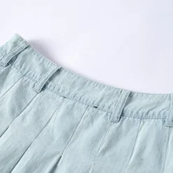 Three Quarters Pleated Denim Skirt Blue