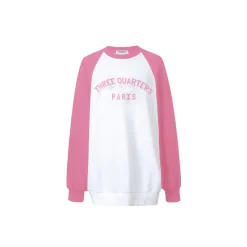 Three Quarters Rhinestone Printed Crew Neck Sweater Pink