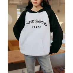 Three Quarters Rhinestone Printed Logo Hoodie Black