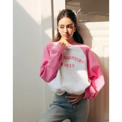 Three Quarters Rhinestone Printed Crew Neck Sweater Pink