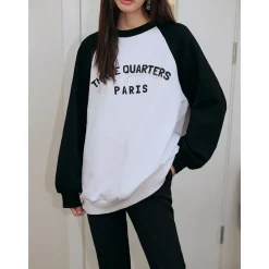 Three Quarters Rhinestone Printed Crew Neck Sweater Black
