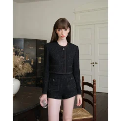 Three Quarters Shiner Woolen Tweed Blazer Black