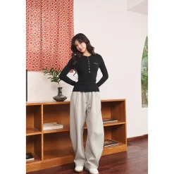 Three Quarters Stretch Loose Fleece-Lined Sweatpants Gray