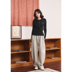 Three Quarters Stretch Loose Fleece-Lined Sweatpants Gray