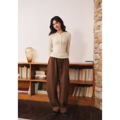 Three Quarters Stretch Loose Fleece-Lined Sweatpants Brown