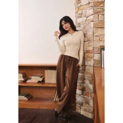 Three Quarters Stretch Loose Fleece-Lined Sweatpants Brown