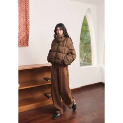 Three Quarters Stretch Loose Fleece-Lined Sweatpants Brown