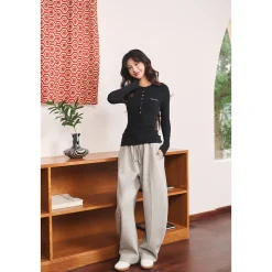 Three Quarters Stretch Loose Fleece-Lined Sweatpants Gray