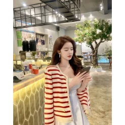 Three Quarters Striped Wool Cardigan Red