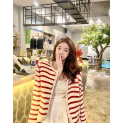 Three Quarters Striped Wool Cardigan Red