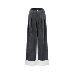 Three Quarters Tencel Patchwork Chenille Straight-Leg Pants Dark Grey
