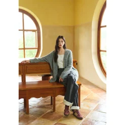 Three Quarters Tencel Patchwork Chenille Straight-Leg Pants Dark Grey