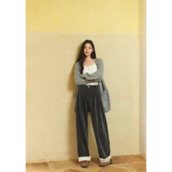 Three Quarters Tencel Patchwork Chenille Straight-Leg Pants Dark Grey