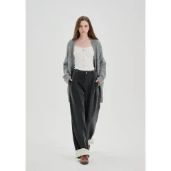 Three Quarters Tencel Patchwork Chenille Straight-Leg Pants Dark Grey