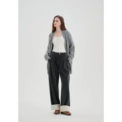 Three Quarters Tencel Patchwork Chenille Straight-Leg Pants Dark Grey