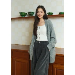 Three Quarters Tencel Patchwork Chenille Straight-Leg Pants Dark Grey