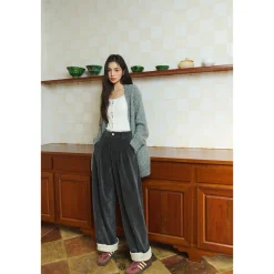Three Quarters Tencel Patchwork Chenille Straight-Leg Pants Dark Grey
