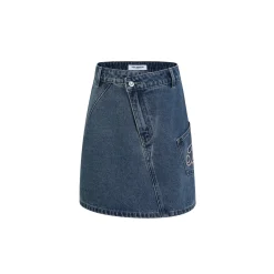 Three Quarters Vintage Logo Embroidery Washed Denim Skirt