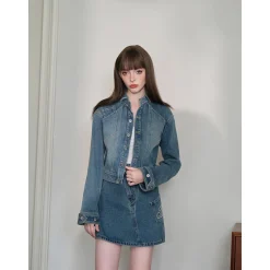 Three Quarters Vintage Logo Embroidery Washed Denim Skirt