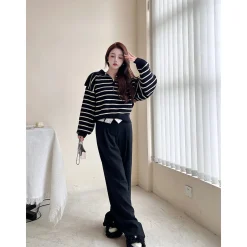 Three Quarters Waist Flap Straight-Leg Pants Black