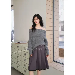 Three Quarters Woolen Off-Shoulder Sweater Grey