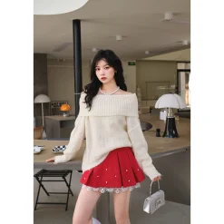 Three Quarters Woolen Off-Shoulder Sweater Cream