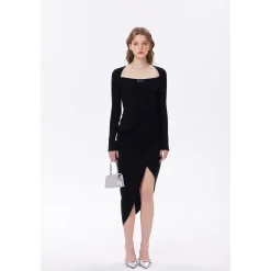 Three Quarters Wrinkled Split Cutting Dress Black