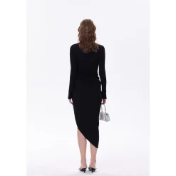 Three Quarters Wrinkled Split Cutting Dress Black