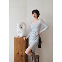 Three Quarters Wrinkled Split Cutting Dress Grey