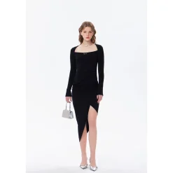 Three Quarters Wrinkled Split Cutting Dress Black
