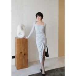 Three Quarters Wrinkled Split Cutting Dress Grey