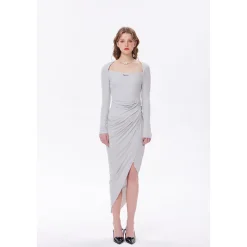 Three Quarters Wrinkled Split Cutting Dress Grey
