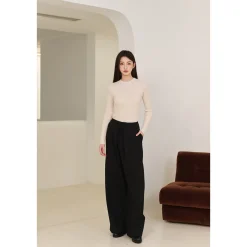 Three Quarters Wrinkled Wide-Leg Suit Pants Black