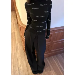 Three Quarters Wrinkled Wide-Leg Suit Pants Black